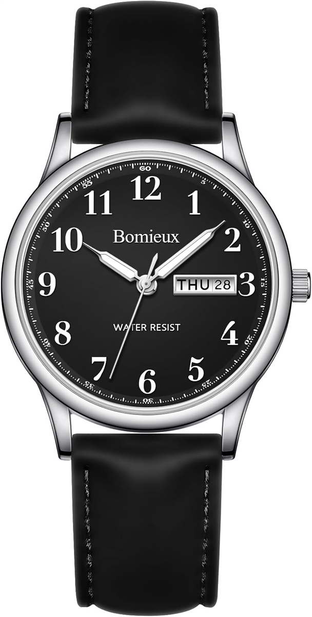 ブラックアナログ腕時計 日付表示付き 腕時計メンズ シンプル 日付/曜日表示 防水 アナログ 薄型 革ベルト