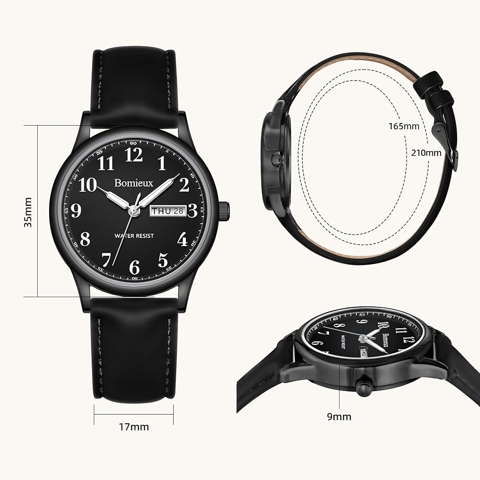 ブラックアナログ腕時計 日付表示付き 腕時計メンズ シンプル 日付/曜日表示 防水 アナログ 薄型 革ベルト