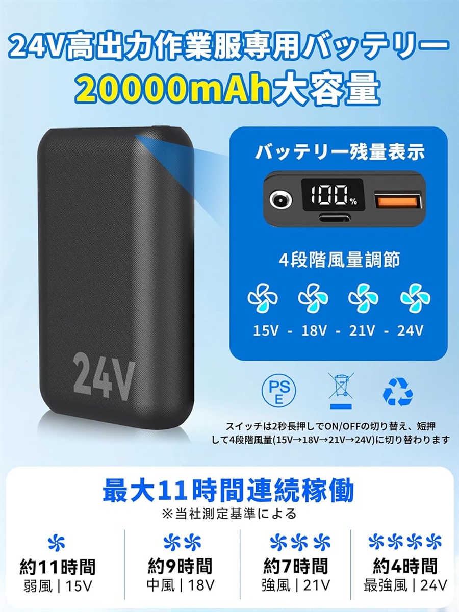空調作業服 バッテリー 24V 超高出力 20000mAh 大容量 DC/USBデュアル