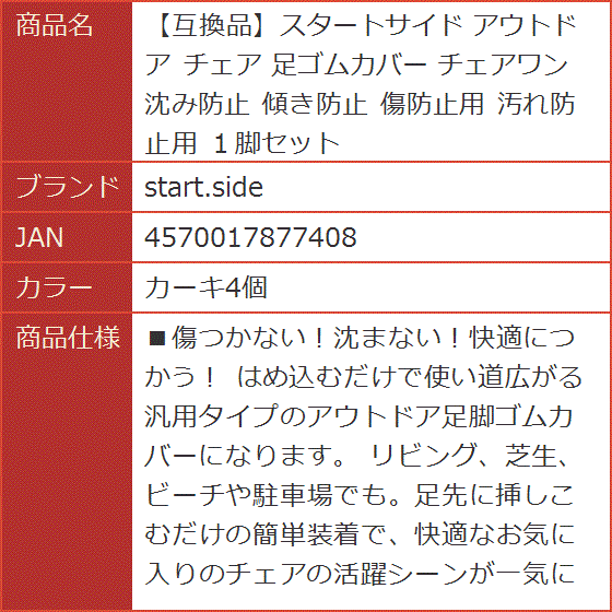 【互換品】スタートサイド アウトドア チェア 足ゴムカバー チェアワン 沈み防止 傾き防止 傷防止用 汚れ防止用 １脚セット(カーキ4個) | ブランド登録なし | 02