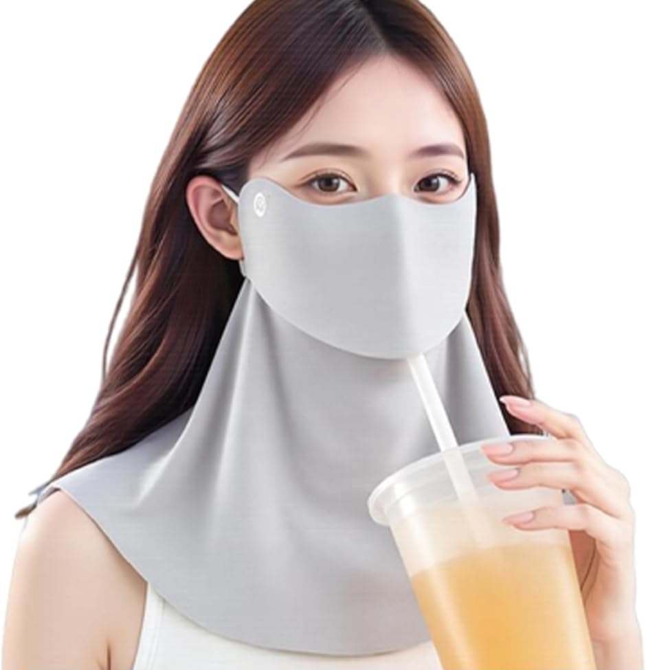 開口 日焼け防止マスク UVカット フェイスカバー レディース 日除けマスク 飲み物が飲める UPF50+ 夏 冷感 顔 (ライトグレー)