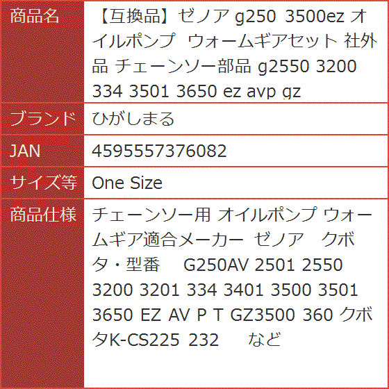 互換品】ゼノア g250 3500ez オイルポンプ ウォームギアセット 社外品