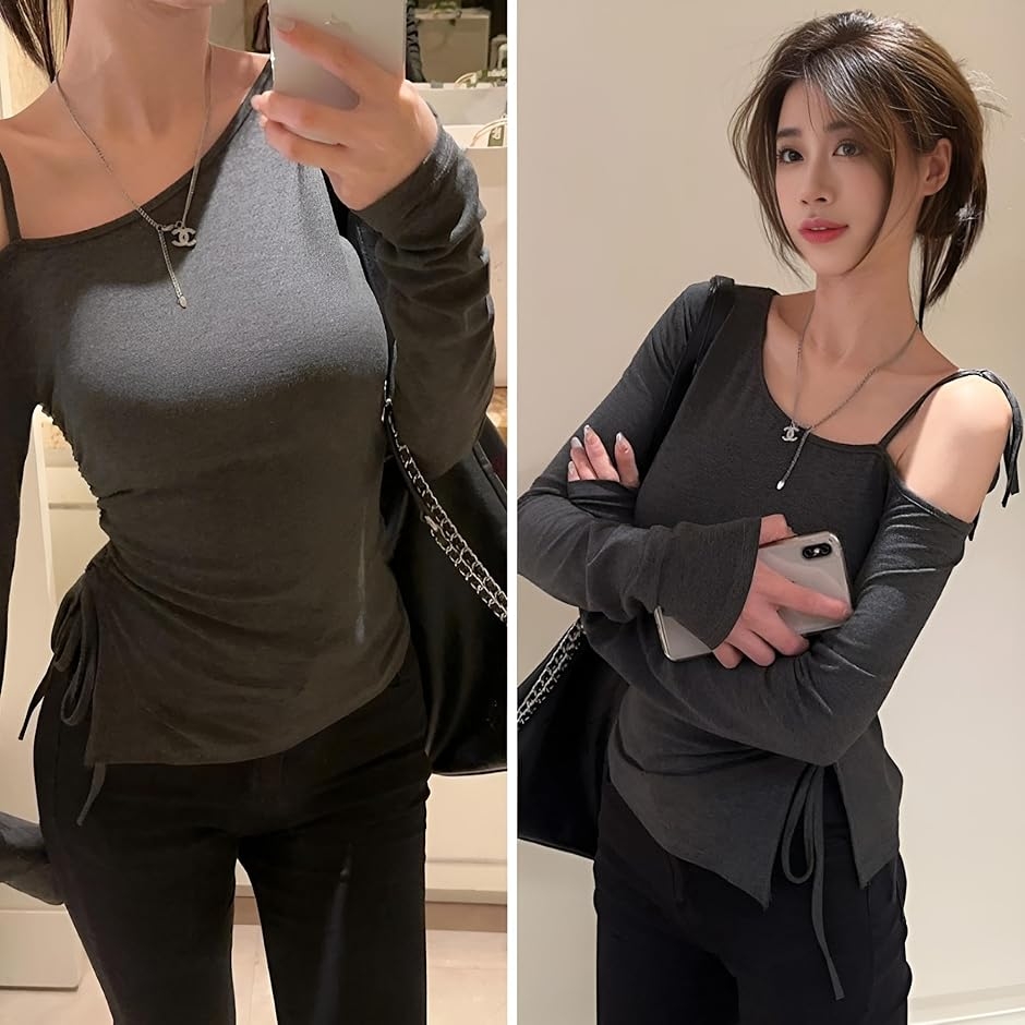 Y2K ワンショルダー トップス レディース 肩だし 長袖 Tシャツ