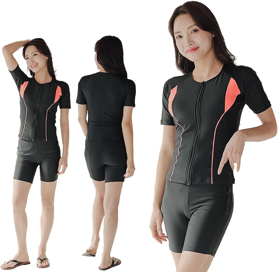 フィットネス 水着 レディース セパレート 半袖 上下セット めくれ防止 スクール UVカット ファスナー 袖付 (オレンジ, L)