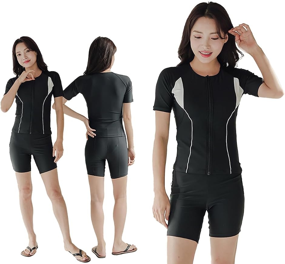 フィットネス 水着 レディース セパレート 半袖 上下セット めくれ防止 スクール UVカット ファスナー 袖付 (グレー, L)