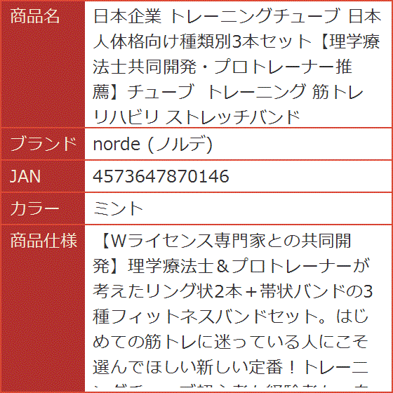 日本企業 トレーニングチューブ 日本人体格向け種類別3本セット理学