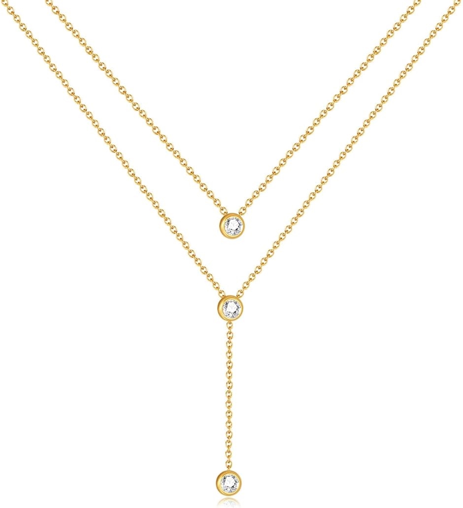 Yahoo! Yahoo!ショッピング(ヤフー ショッピング)316Lステンレス/金属アレルギー対応2連Y字ネックレス レディース キュービックジルコニア（ゴールド,  フリーサイズ）