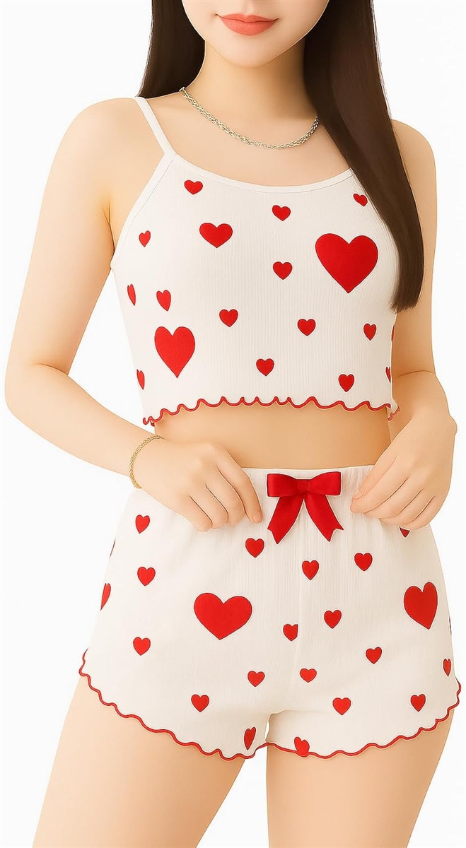 ルノン 女装 下着 上下セット 男の娘 ギャルキャミソール/ショート パンツ 2点セット可愛い ハート柄 おとこの娘 服 (XL：レッド)