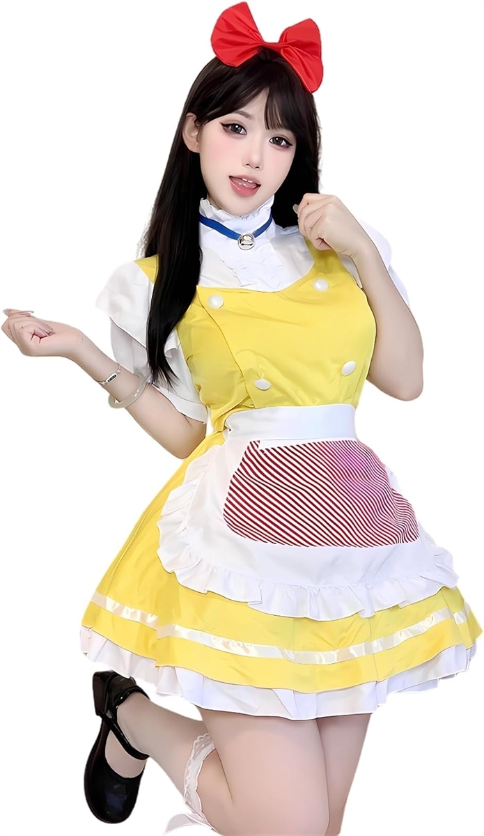 メイド服 コスプレ 衣装 黄色 フルセット エプロン リボン 鈴