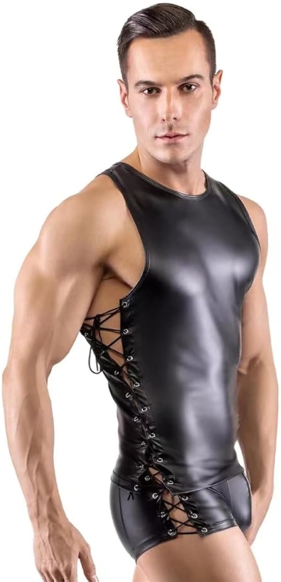 ボンテージ 上下セット PUレザー ボディースーツ 光沢 エナメル調 パーティー コスプレ ショートパンツ 仮装(ブラック,  M)