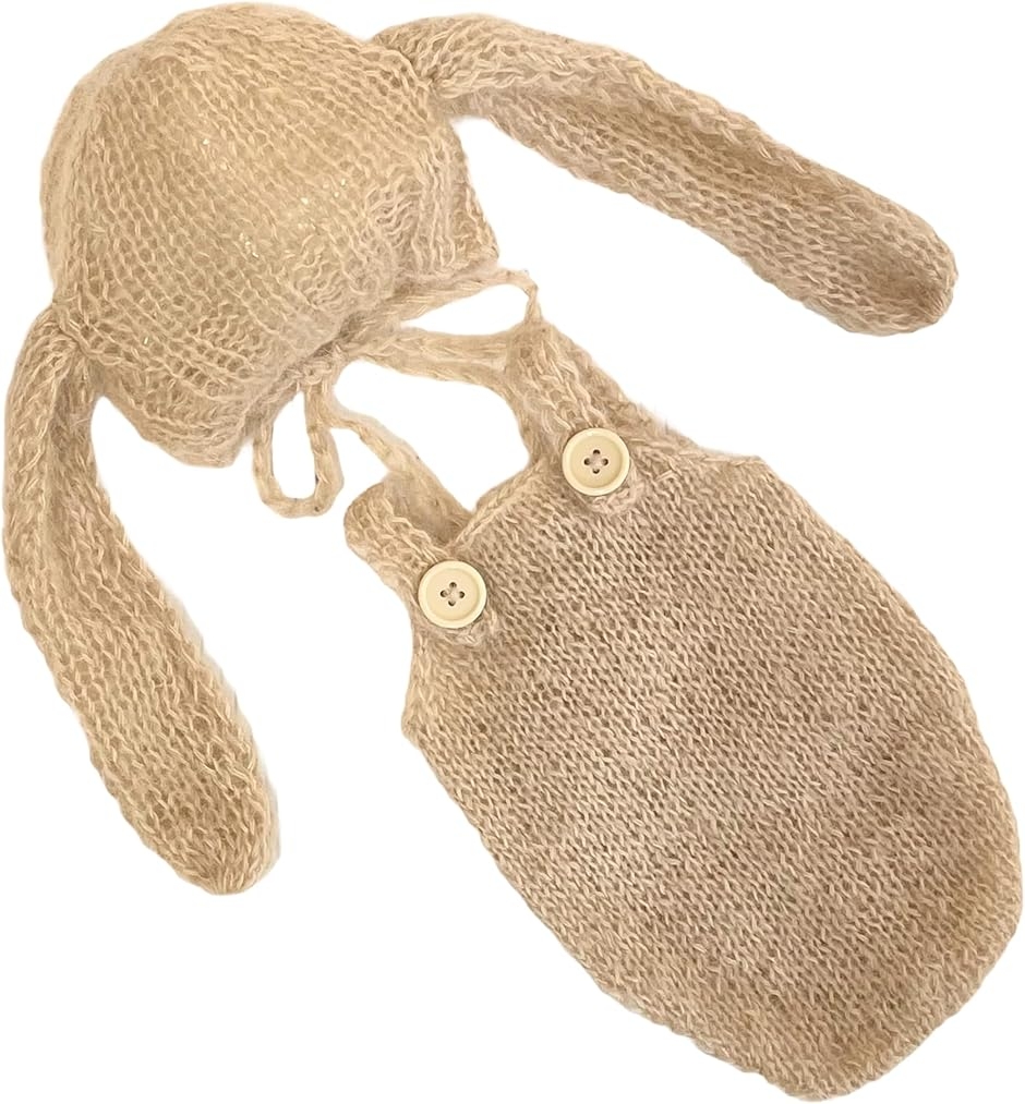 ニューボーンフォト 撮影用 ウサギ耳付きボンネット＆ロンパース ２点セット (ブラウン３ヶ月用（3.5〜5.5キロ）,  新生児)