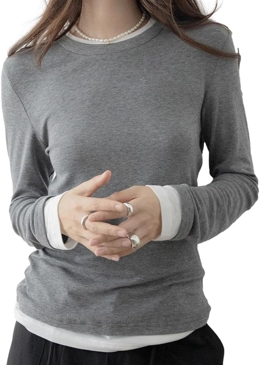 フェイクレイヤード ストレッチTシャツ リヨセルウール混 長袖(グレー,  L)