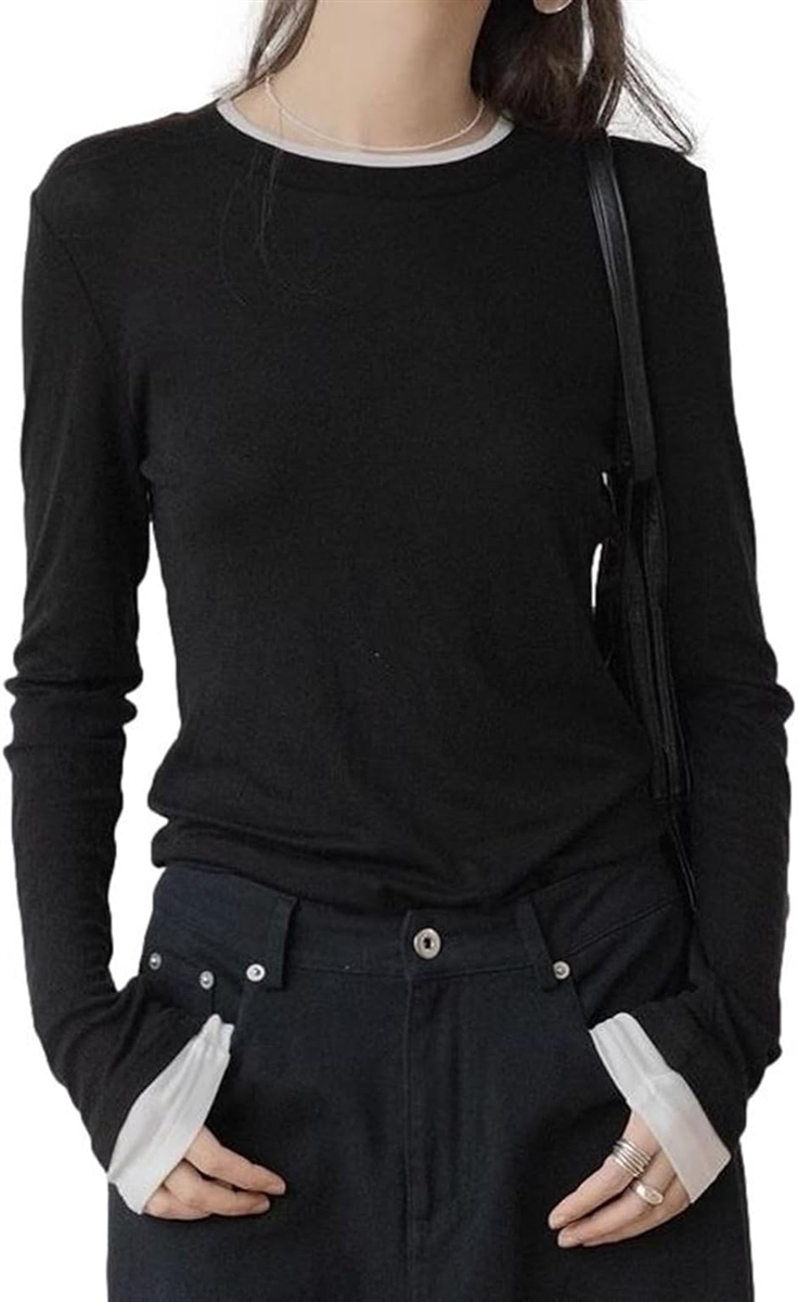 フェイクレイヤード ストレッチTシャツ リヨセルウール混 長袖(ブラック,  L)