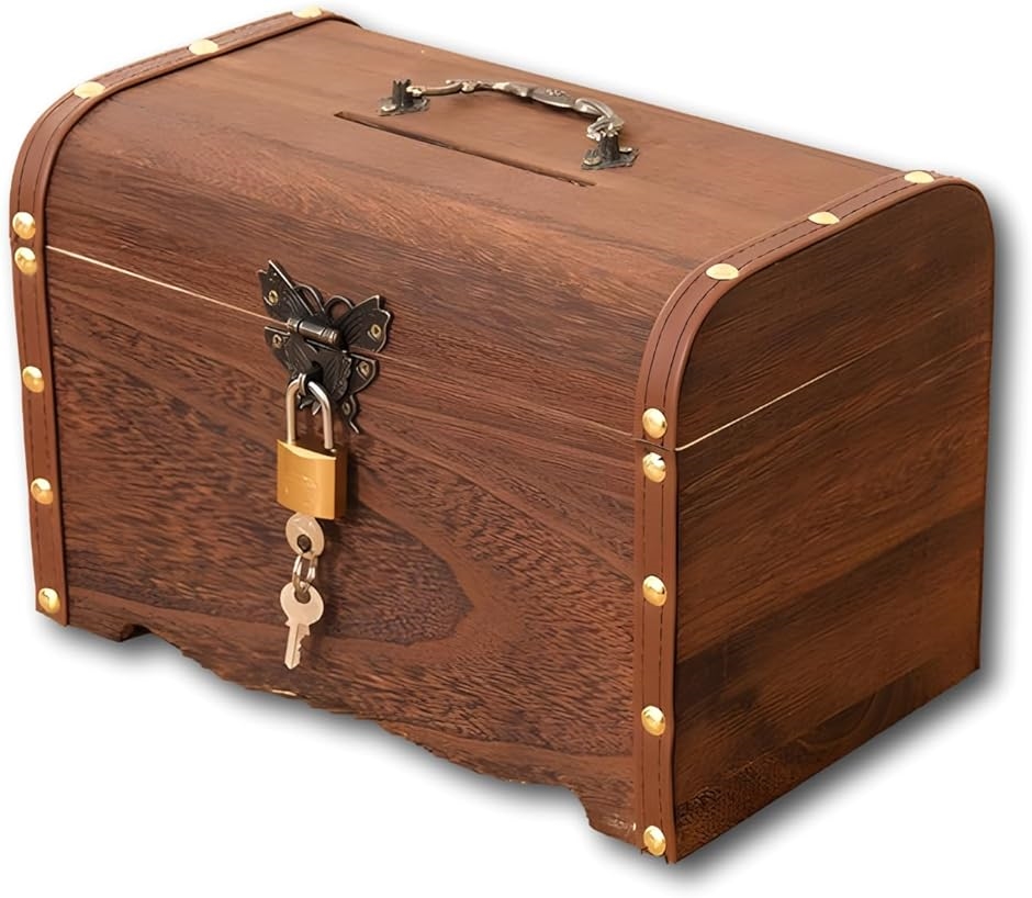 宝箱 貯金箱 鍵付き アンティーク(ブラウン,  特大)