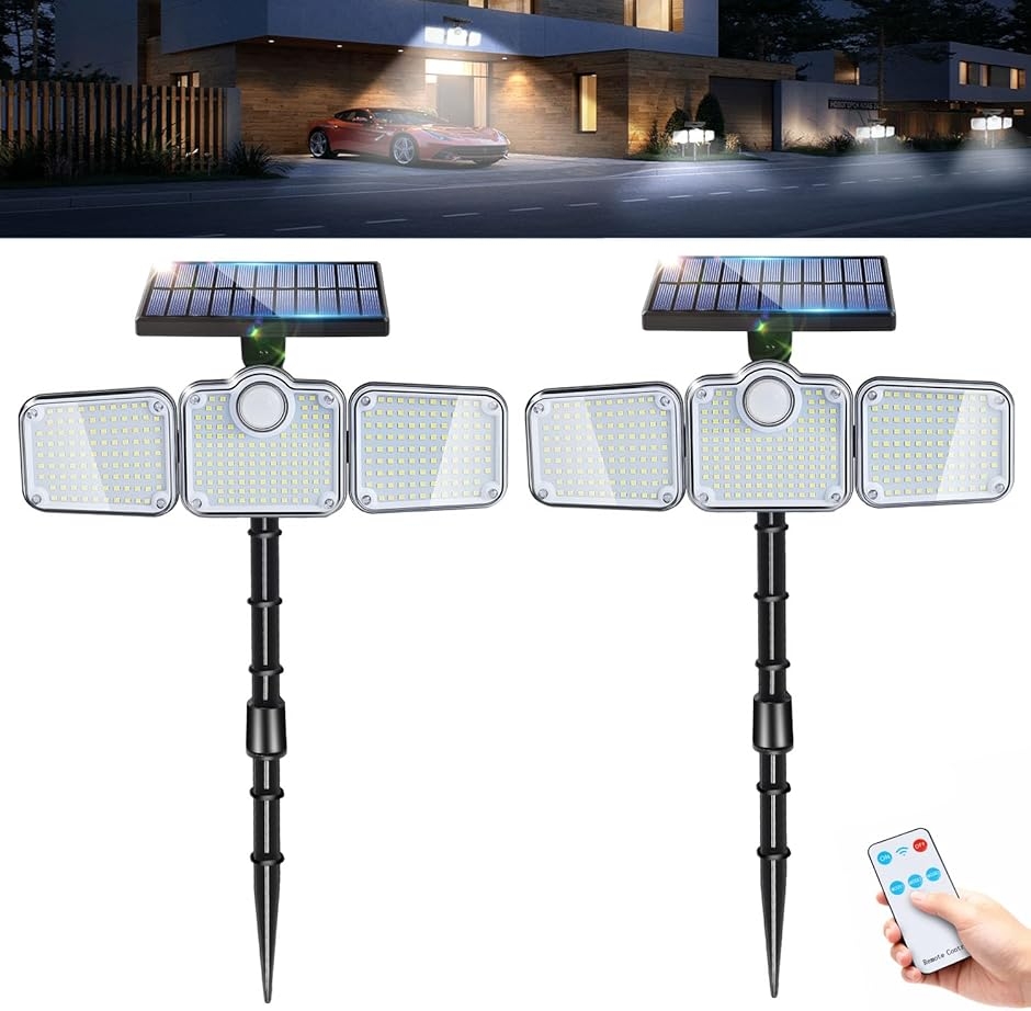 ソーラーライト 屋外 3面発光 昼光色 角度調整可能 常夜灯 自動点灯/消灯 防犯ライト 外灯 (ブラック, JD-3218)