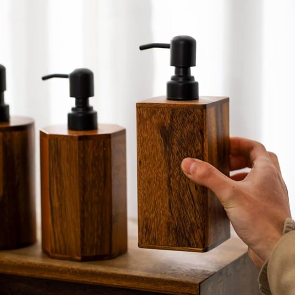 ソープディスペンサー 木製 おしゃれ 手動 液体 詰め替え ボトル 容器