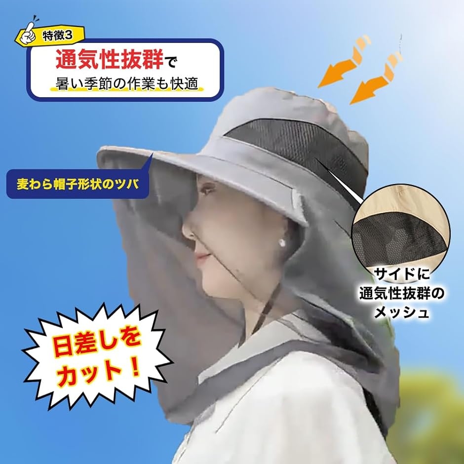 防虫ネット付き 帽子 虫除け 日除け 一体型 紫外線 UVカット 日焼け 予防 ガーデニング 農作業 養蜂 園芸 (ダークグレー, M) 関連画像3