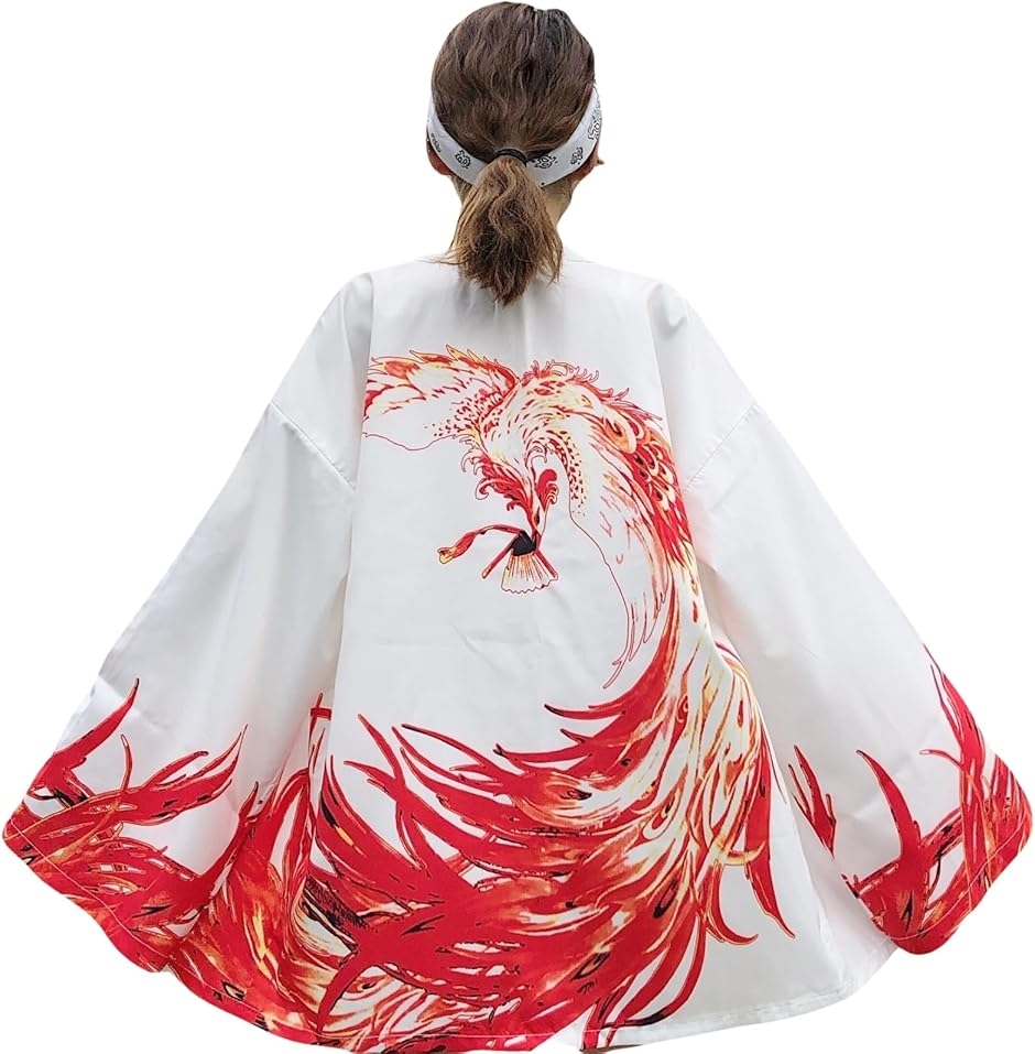 鳳凰 パッピ はっぴ 法被 袢纏 お祭り 羽織 半纏 はんてん 映える 和服 和風 和柄(ホワイト,  3XL) | ブランド登録なし