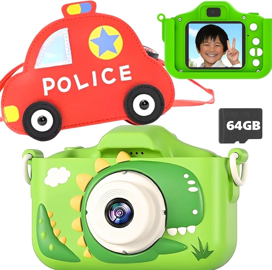 64GB ポシュエット付きキッズカメラ トイ 子供用 ゲーム機能 音楽プレーヤー 8倍ズーム 恐竜(レッド(01.単品, 赤色))