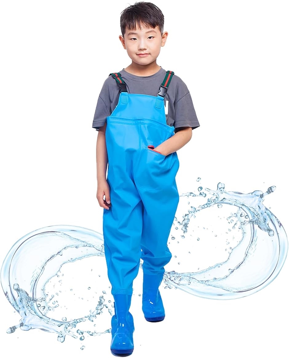 ウェーダー 子供 キッズ 胴長 長靴 防水 PVC 軽量 ブーツ一体型 滑り止めソール 調節ベルト 海 釣り(ブルー,  足長21cm)