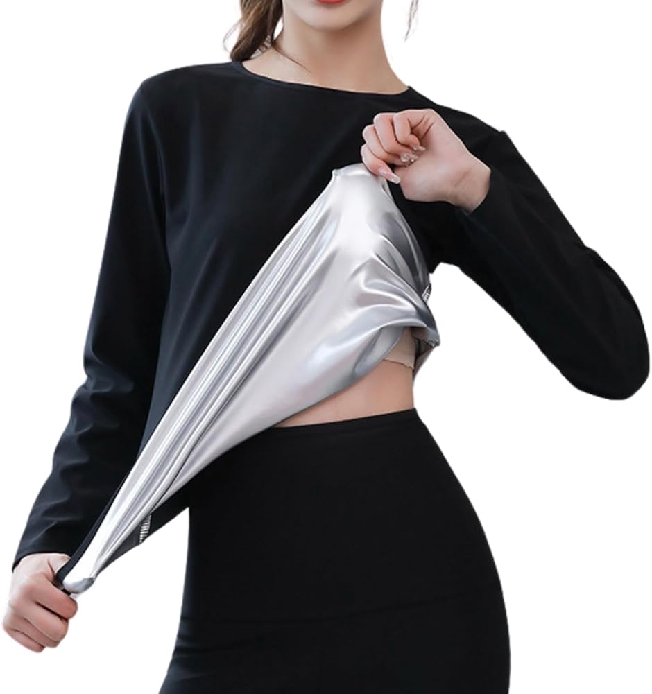 サウナスーツ 長袖 Tシャツ レディース インナー 発汗 ダイエット トレーニング ウェア 伸縮 ストレッチ 減量 (ブラック,  M)