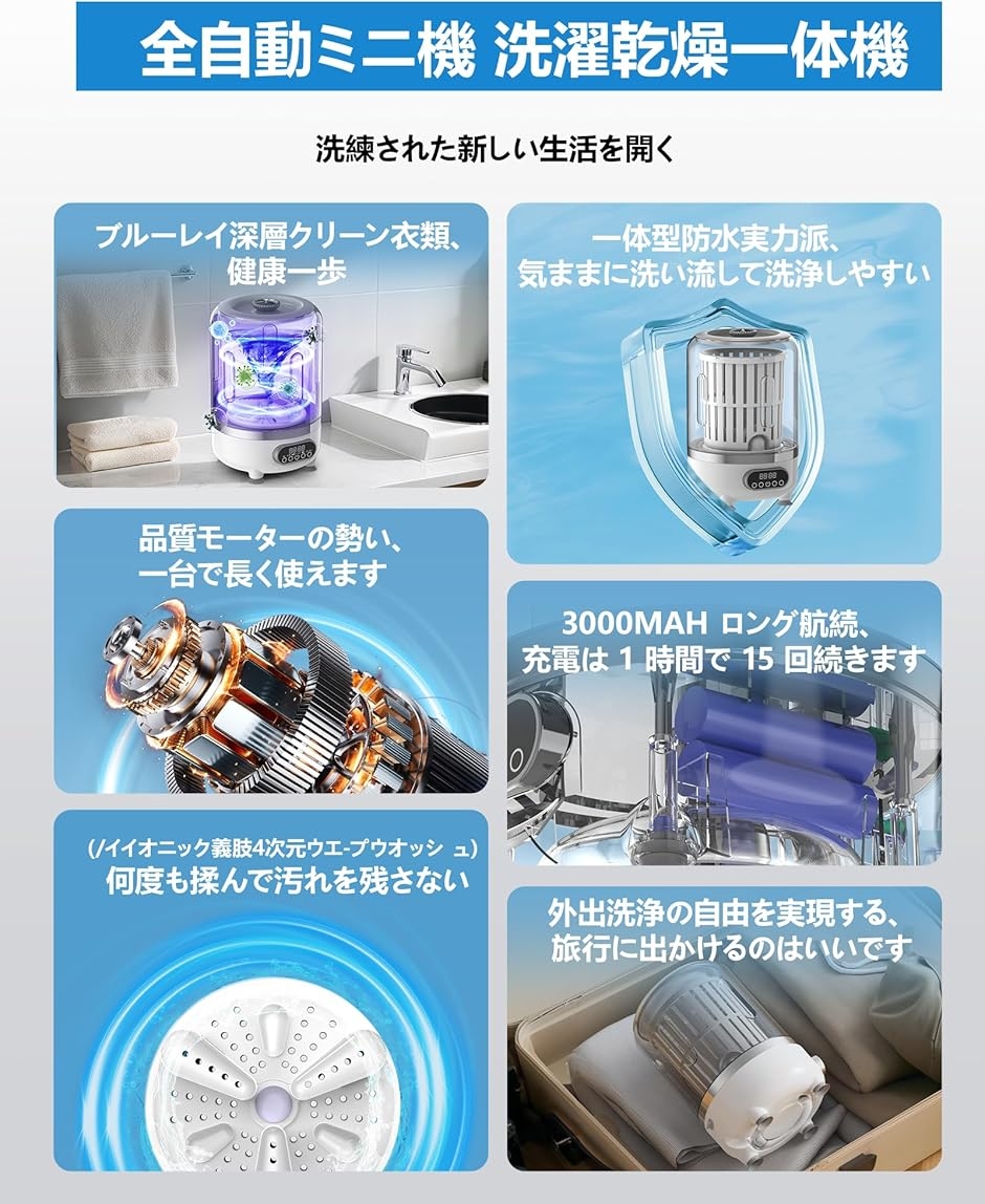 ミニ洗濯機洗い脱水の一体化・ブルーライト深層洗浄機能・軽量低騒音