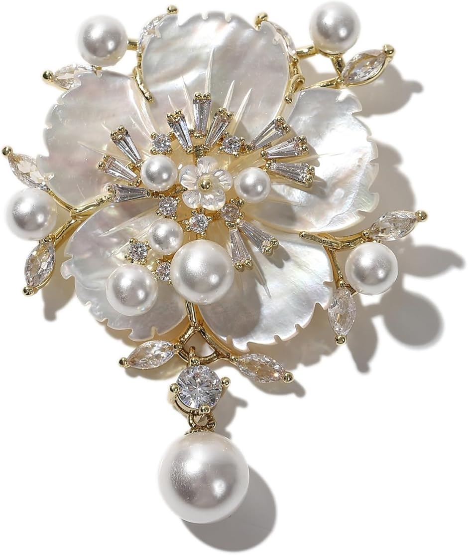 ブローチ コサージュ ジルコニア 真珠 記念日 結婚式 お祝い フォーマル ジェケット スーツ パーティー (ゴールド,  free)