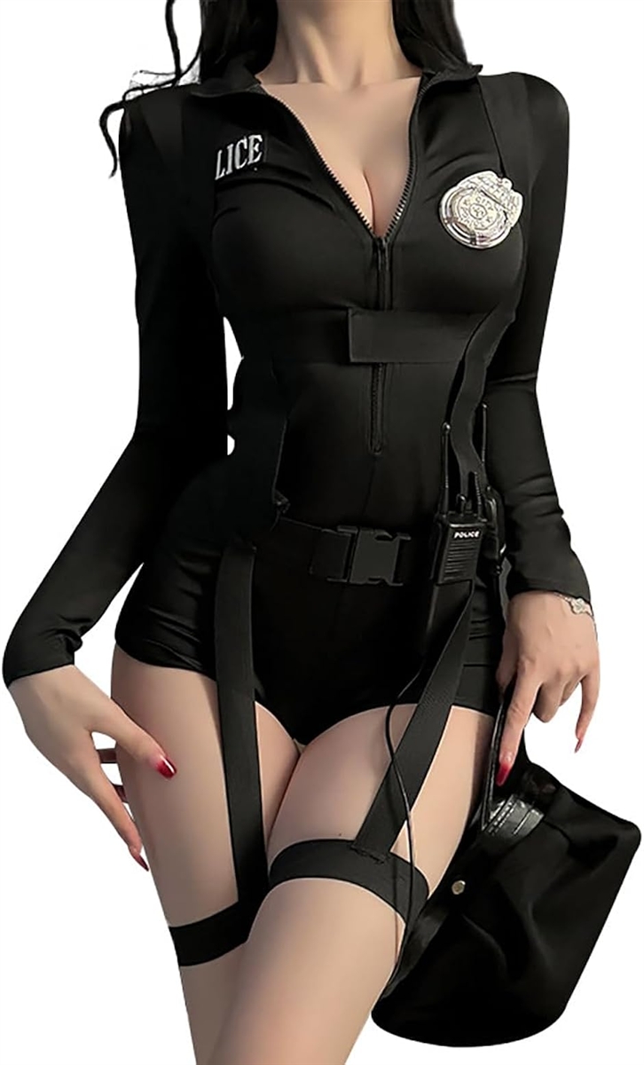 ポリス コスプレ レディース セクシー オールインワン 帽子 トランシーバー 3点セット (ブラック,  Free Size)