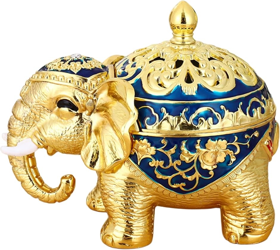象 香炉 アロマ インテリア 雑貨 蓋付き 合金 置物 風水 リビング 寝室 玄関 卓上 癒し 浄化 アロマポット エスニック (金x青)