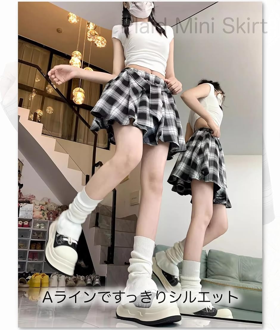 美品★MARK＆LONA スカート ⭐︎インナーパンツ一体型 白×黒ロゴ M チェック 柄 ミニ スカート インナー パンツ 一体型 リボン 付き