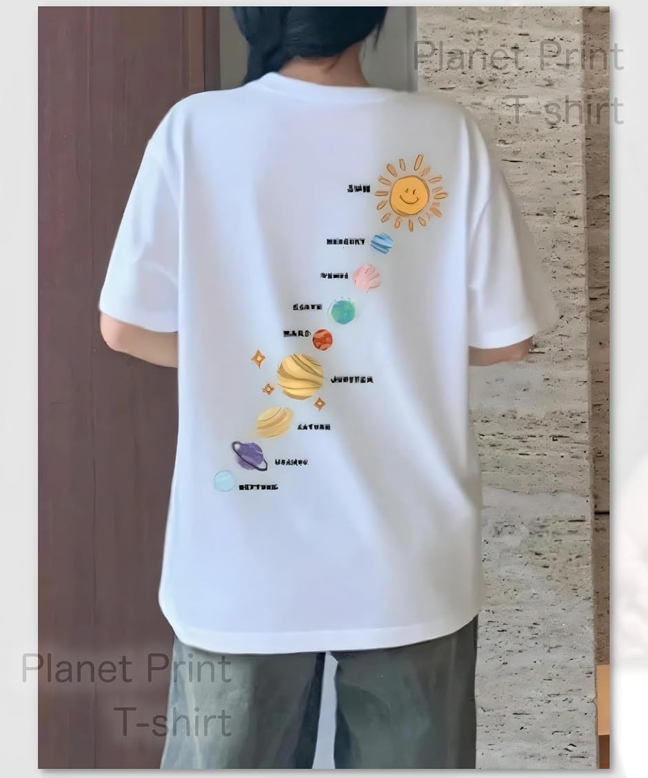 Tシャツ フロント バック プラネット プリント カジュアル トップス 