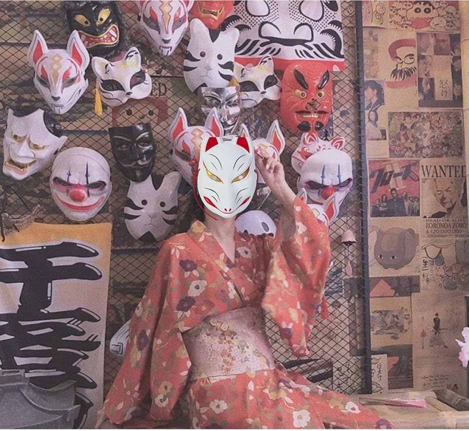 面 壁掛けオブジェ 狐人面 木彫面 狐人面 木製 | 和紙の店