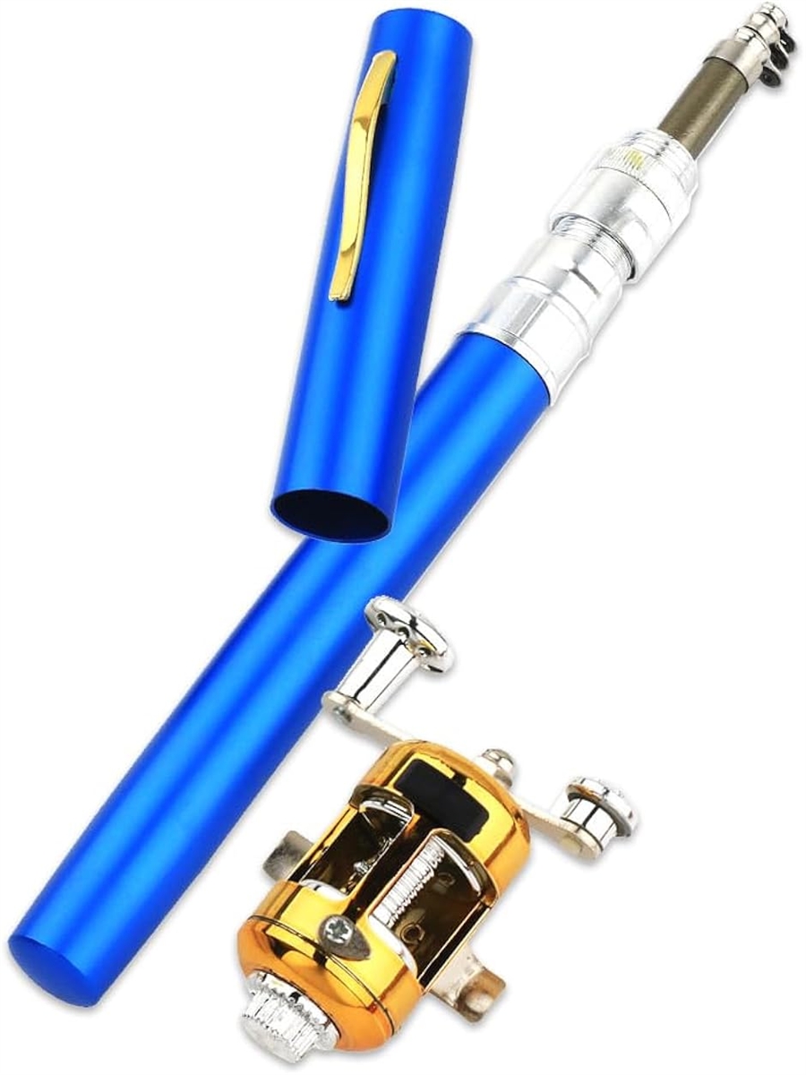 ペン型 釣り竿セット リール付き (ブルー,  ロッドサイズ：収納時長さ/約20.5cm　最伸長時長さ/約96cm　直径：約1.5cm)
