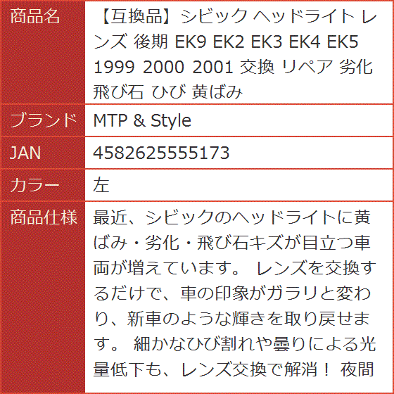【互換品】シビック ヘッドライト レンズ 後期 EK9 EK2 EK3 EK4 EK5 1999 2000 2001 交換 リペア (左)の画像