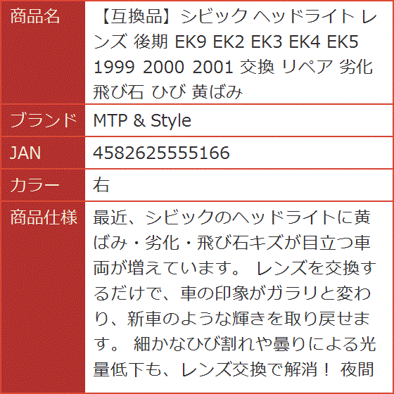 【互換品】シビック ヘッドライト レンズ 後期 EK9 EK2 EK3 EK4 EK5 1999 2000 2001 交換 リペア (右)の画像