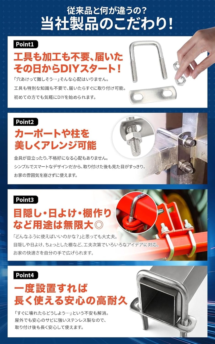 カーポート 柱 固定金具 uボルト コ型ボルト 角柱 ステー スクエア