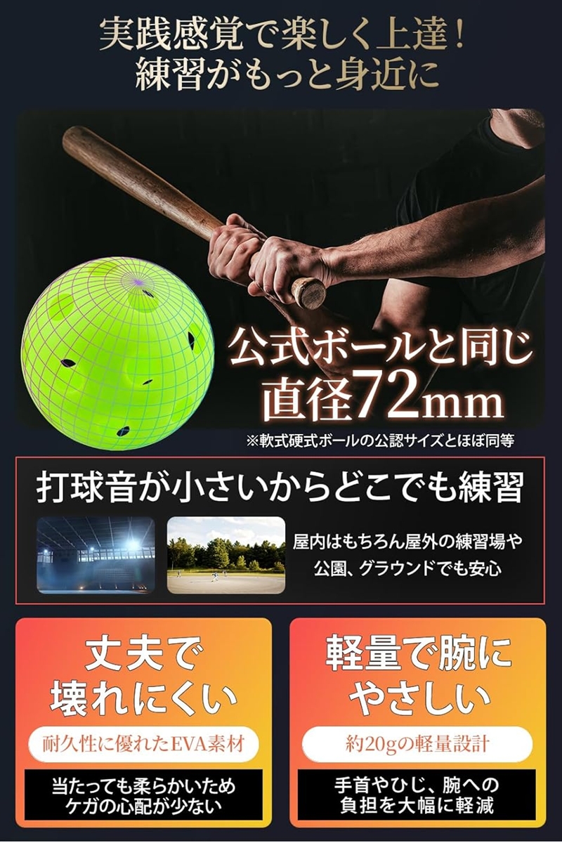 野球 穴あきボール バッティング練習 現役プロ推奨 柔らかい 72mm 軟式