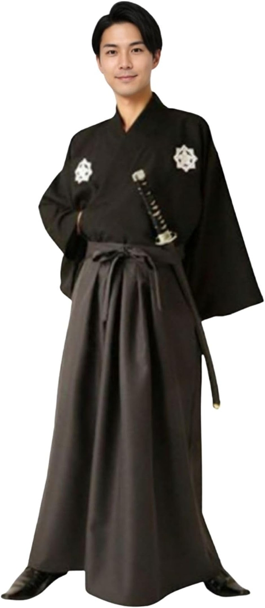 侍 コスプレ 衣装 袴 着物 和服 コスチューム 武士 メンズ ハロウィン (ブラック)