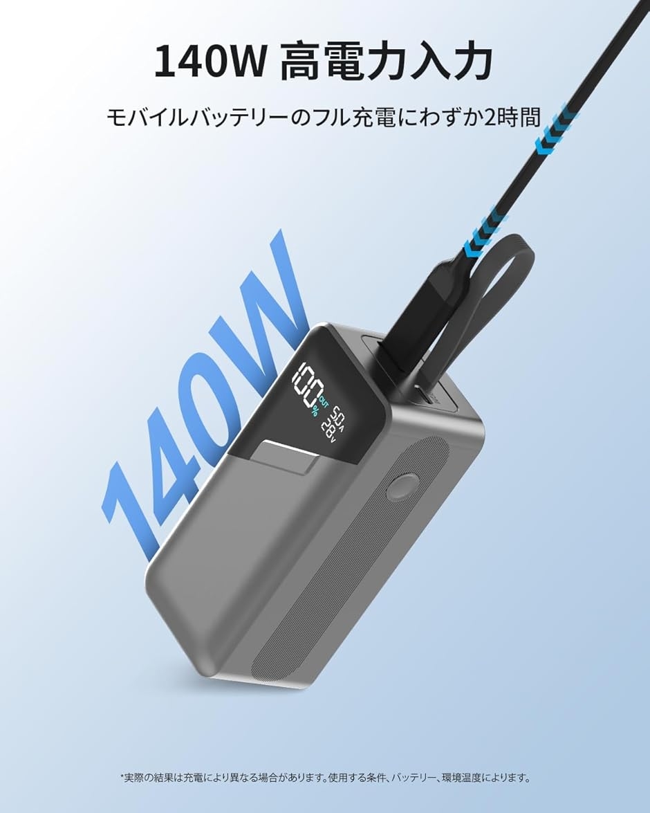 モバイルバッテリー 27000mAh 大容量 140W高出力 2つのケーブル内蔵 4