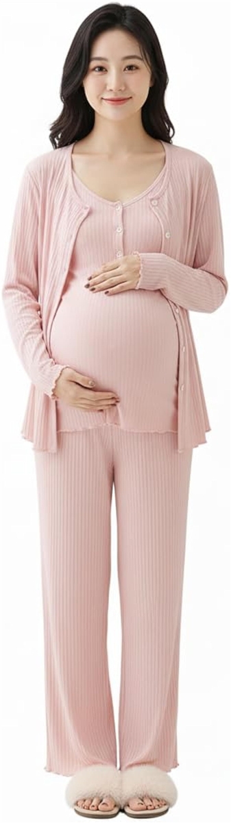 マタニティ パジャマ 授乳 産前 産後 長袖 キャミソール 前開き 春 夏 秋 (ピンク,  2XL)