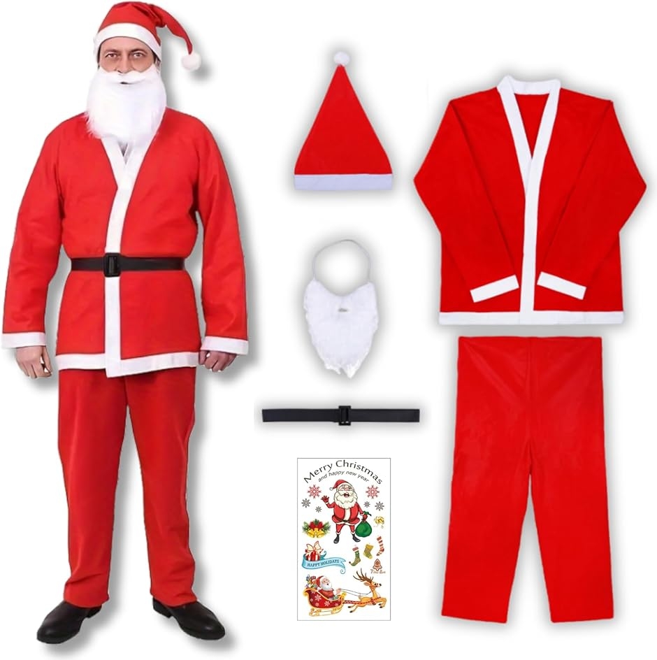 クリスマス コスプレ メンズ サンタ 衣装 大人用 サンタクロース 帽子 ひげ ベルト タトゥーシール (レッド,  Free Size)
