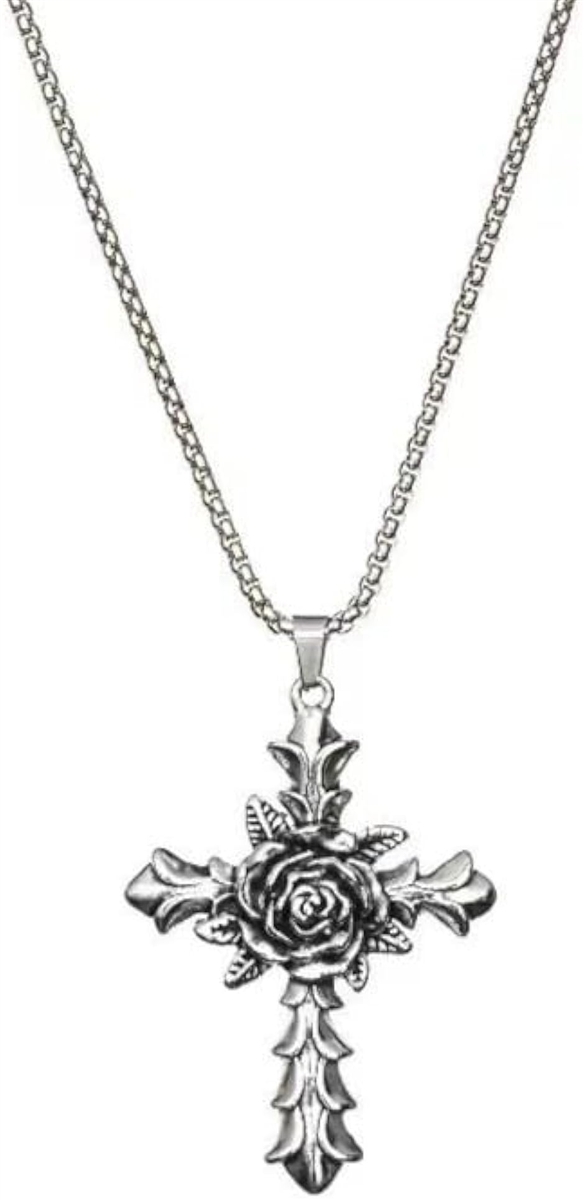 ネックレス メンズ 十字 薔薇モチーフ クロス ステンレスチェーン カジュアル ストリート 十字架 (シルバー,  チェーン 70cm)