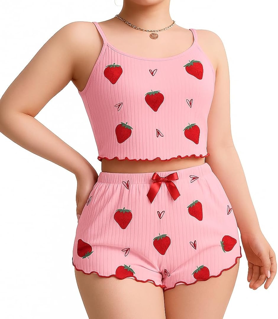 ルノン おとこの娘 下着 上下セット 男の娘 可愛いイチゴ 柄 柔らかい 生地感 キャミソール ショート (ピンク：2XL,  2XL)