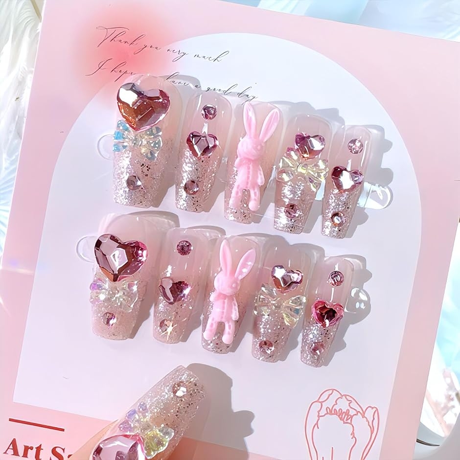 ネイルチップ ギャル 韓国 子供 付け爪 長い 可愛い バレリーナ コギャル 手作り (マルチ001, ロング)