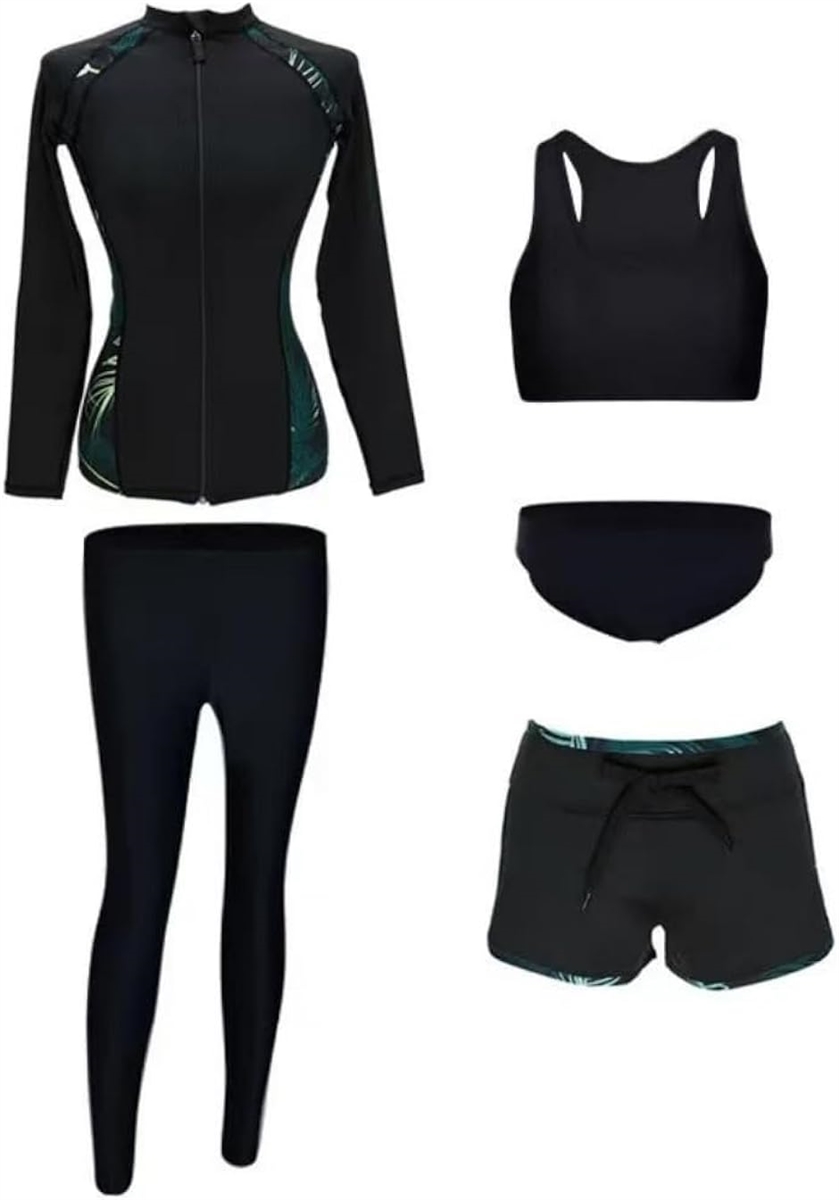 水着 5点 レディース ラッシュガード 体型 カバー 長袖 ジム 海 プール ヨガ 可愛い 日焼け(ブラック,  XL)