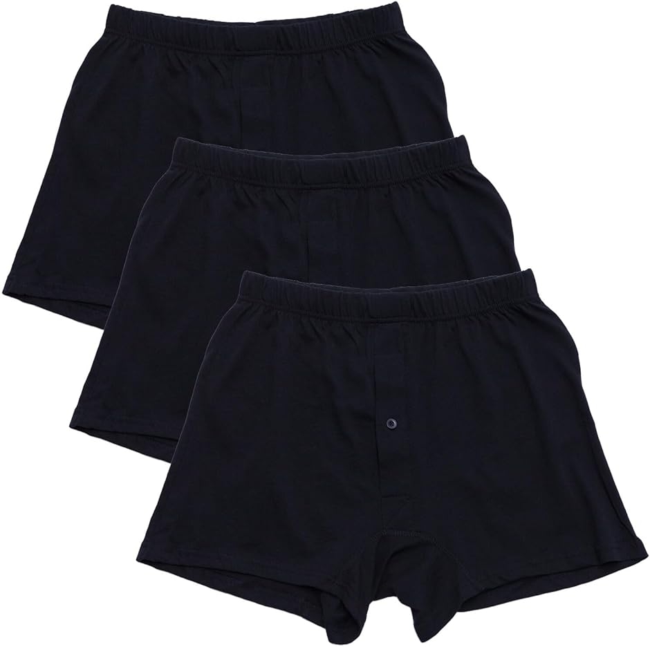 ニットトランクス 綿100% やわらか肌着 抗菌防臭加工 前あき 3枚セット 下着 アンダーウエア (ブラック3枚セット, L)
