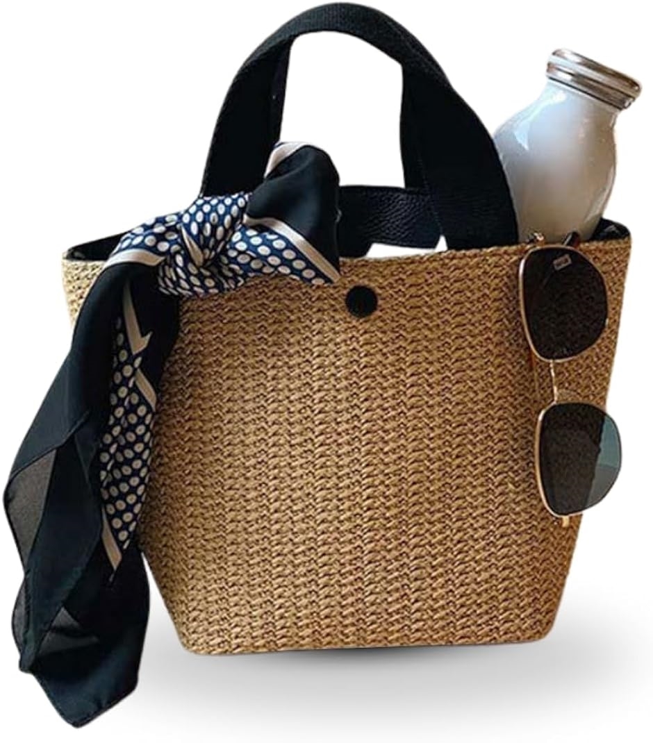 かごバッグ レディース ミニ 編みバッグ トート ハンドバッグ 手提げ (ブラック)