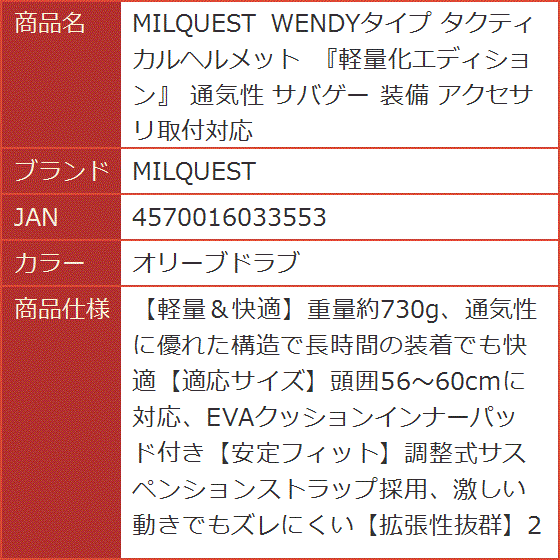 WENDYタイプ タクティカルヘルメット 軽量化エディション 通気性