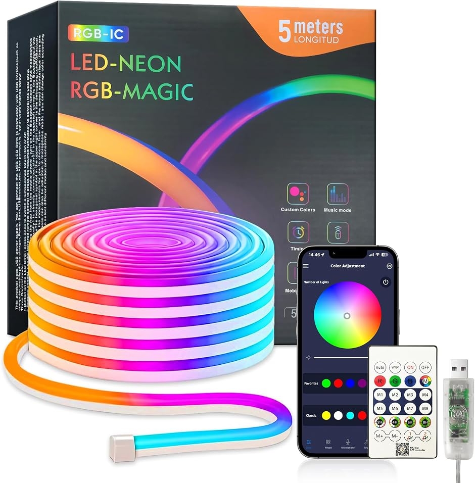 LED�l�I�����C�g USB���d RGBIC �`���[�u���ԐڏƖ� ���y���� 256�F�A�v������ (RGBIC 1600���F,  5���[�g��)