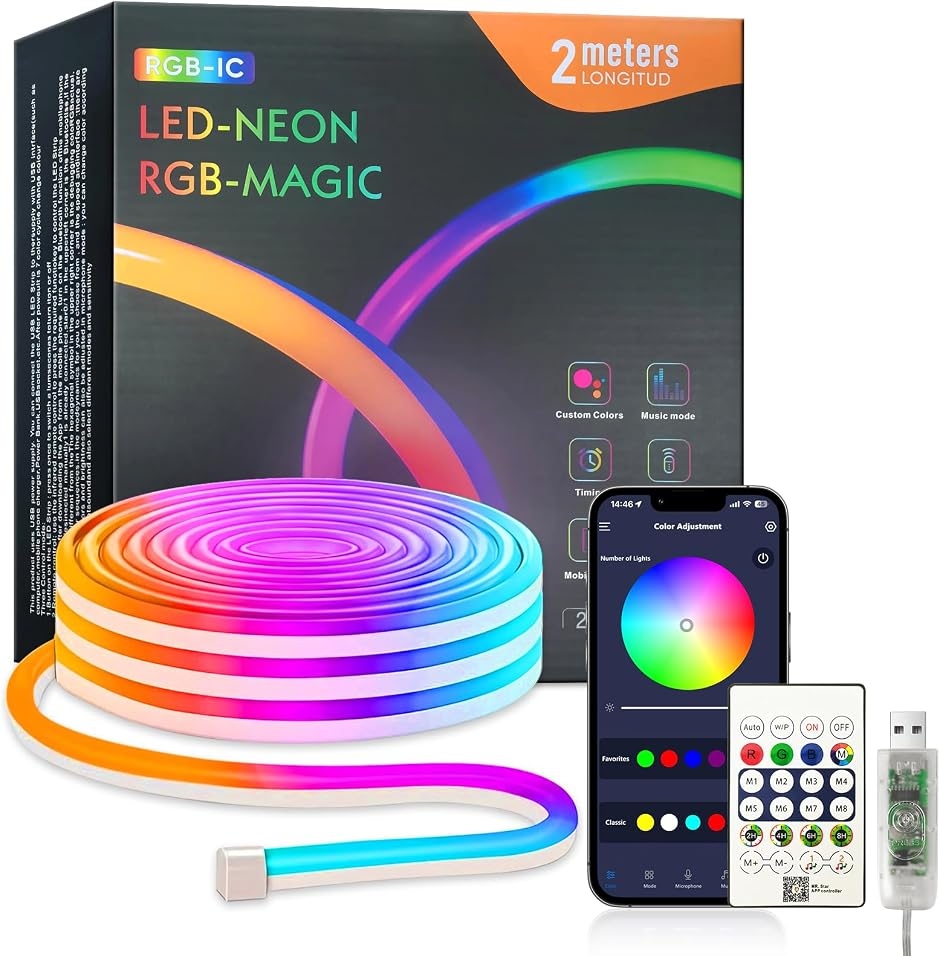 LED�l�I�����C�g USB���d RGBIC �`���[�u���ԐڏƖ� ���y���� 256�F�A�v������ (RGBIC 1600���F,  2���[�g��)